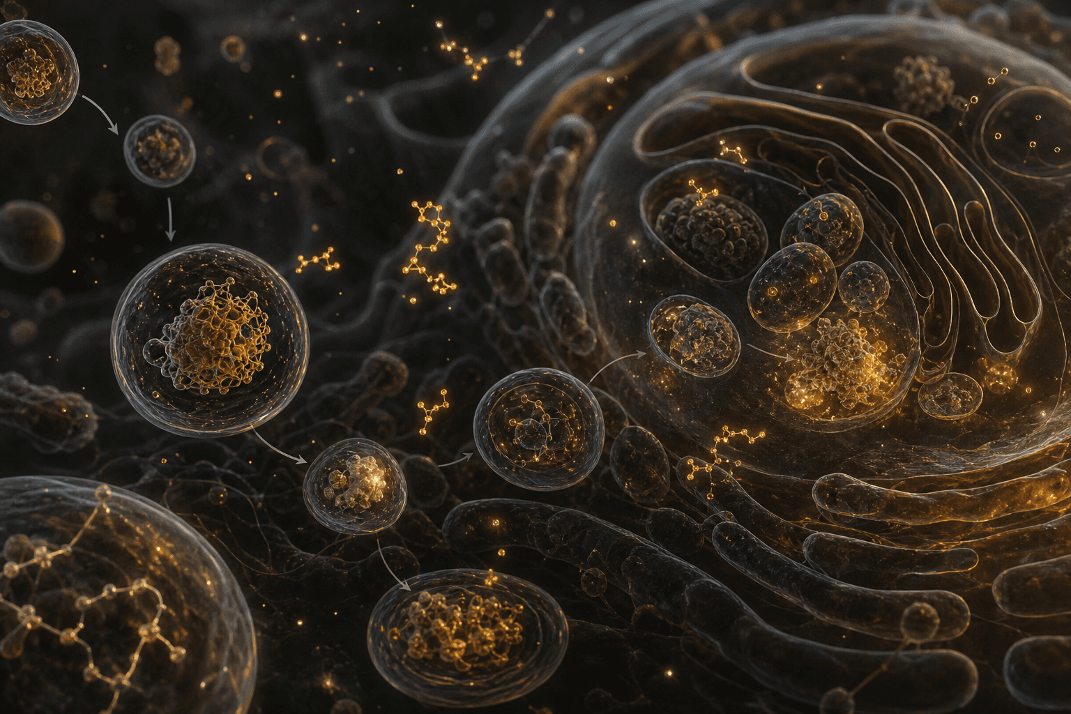 Abstract cellular illustration with golden autophagy vesicles and molecular repair signals against a dark scientific background