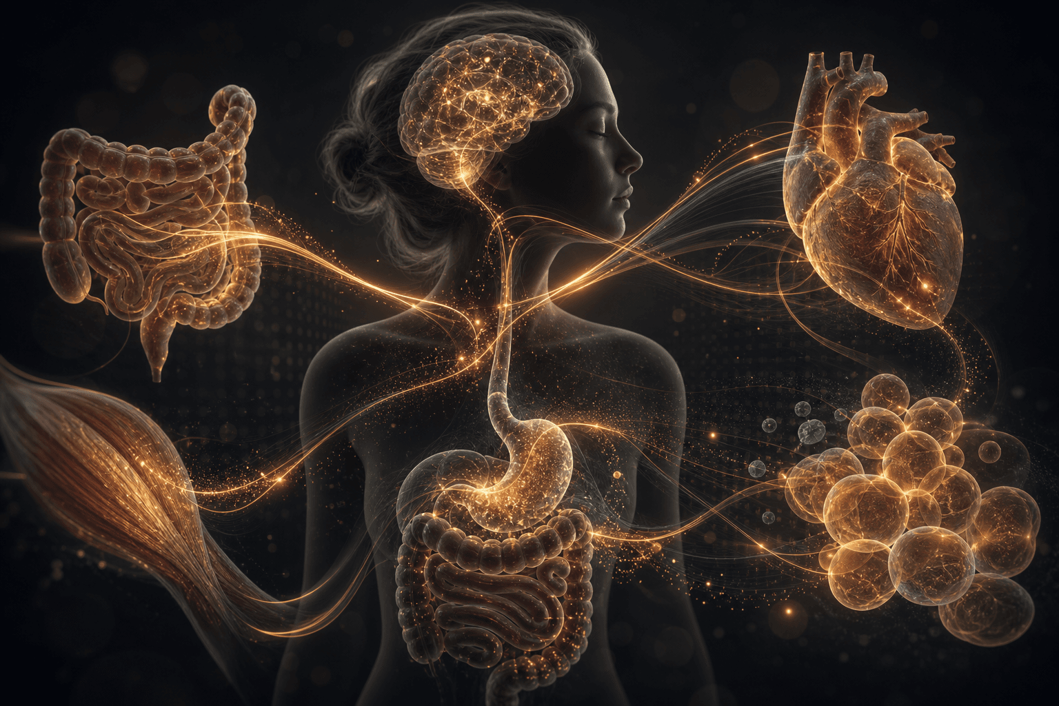 Abstract gut-brain-heart metabolic signaling network in warm amber light on a dark charcoal background