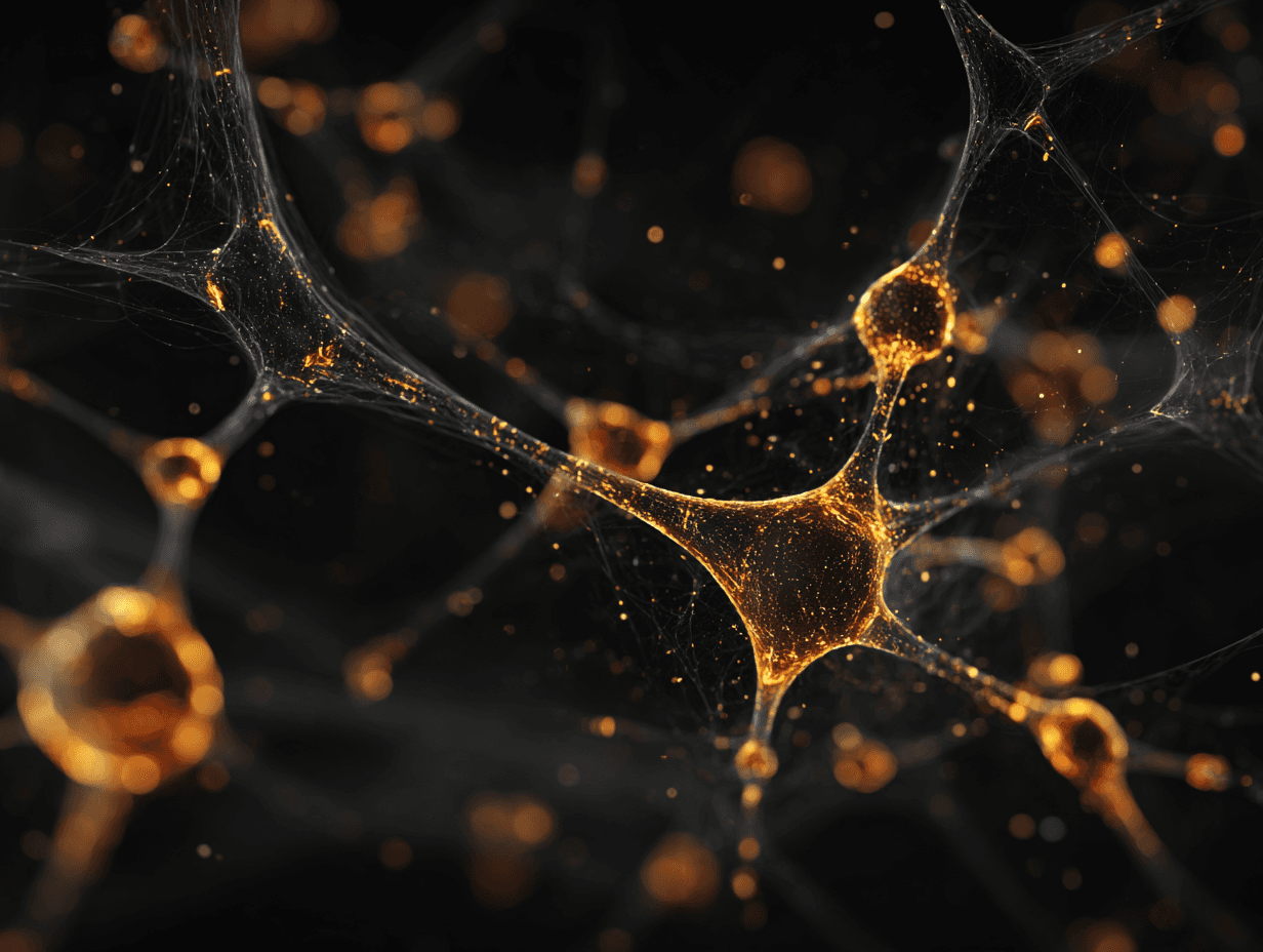 Abstract network of interconnected cells with golden bioluminescent nodes on dark background, representing the biological hallmarks of aging