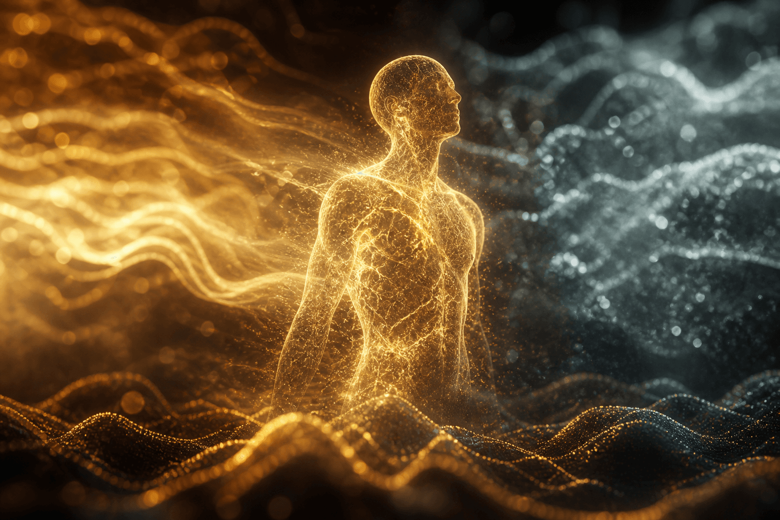 Abstract golden human figure surrounded by warm and cool waves representing adaptive resilience