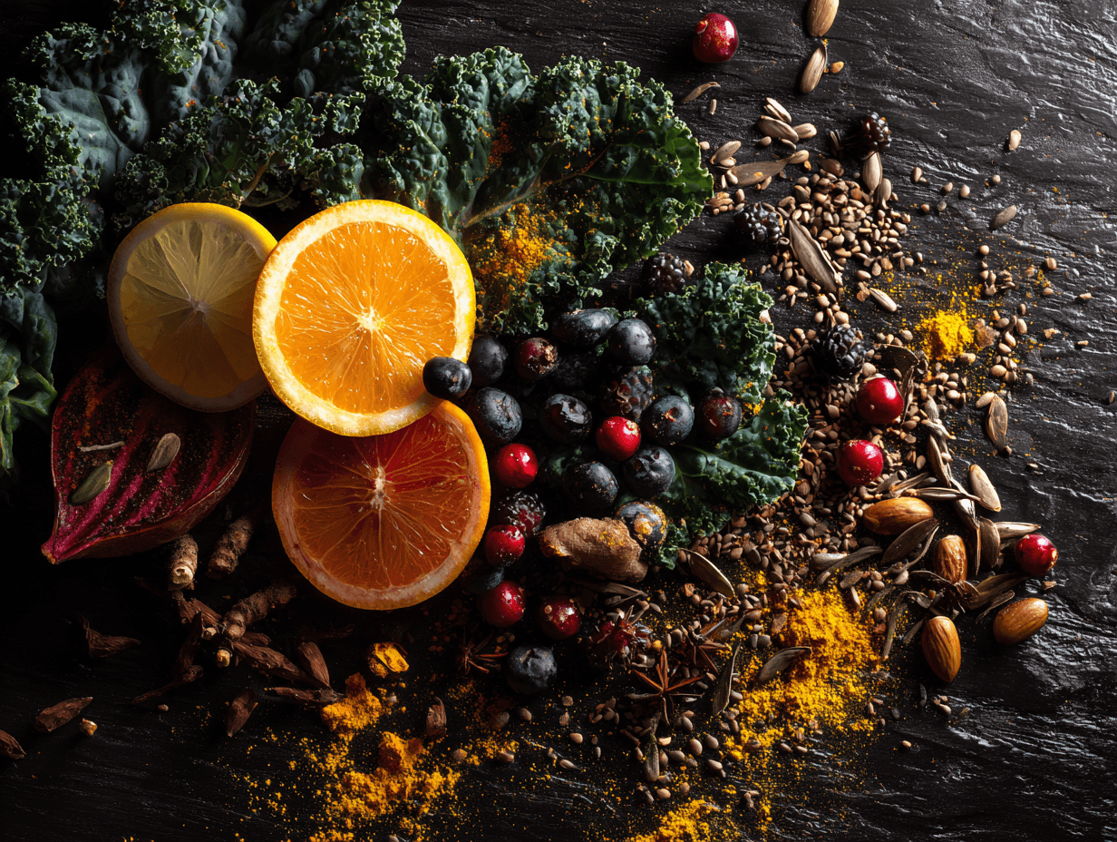 Colorful nutrient-dense foods including citrus, berries, leafy greens, nuts and spices on dark slate