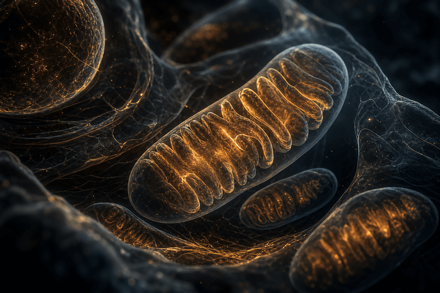 Glowing amber mitochondrial structures inside a dark abstract cellular landscape