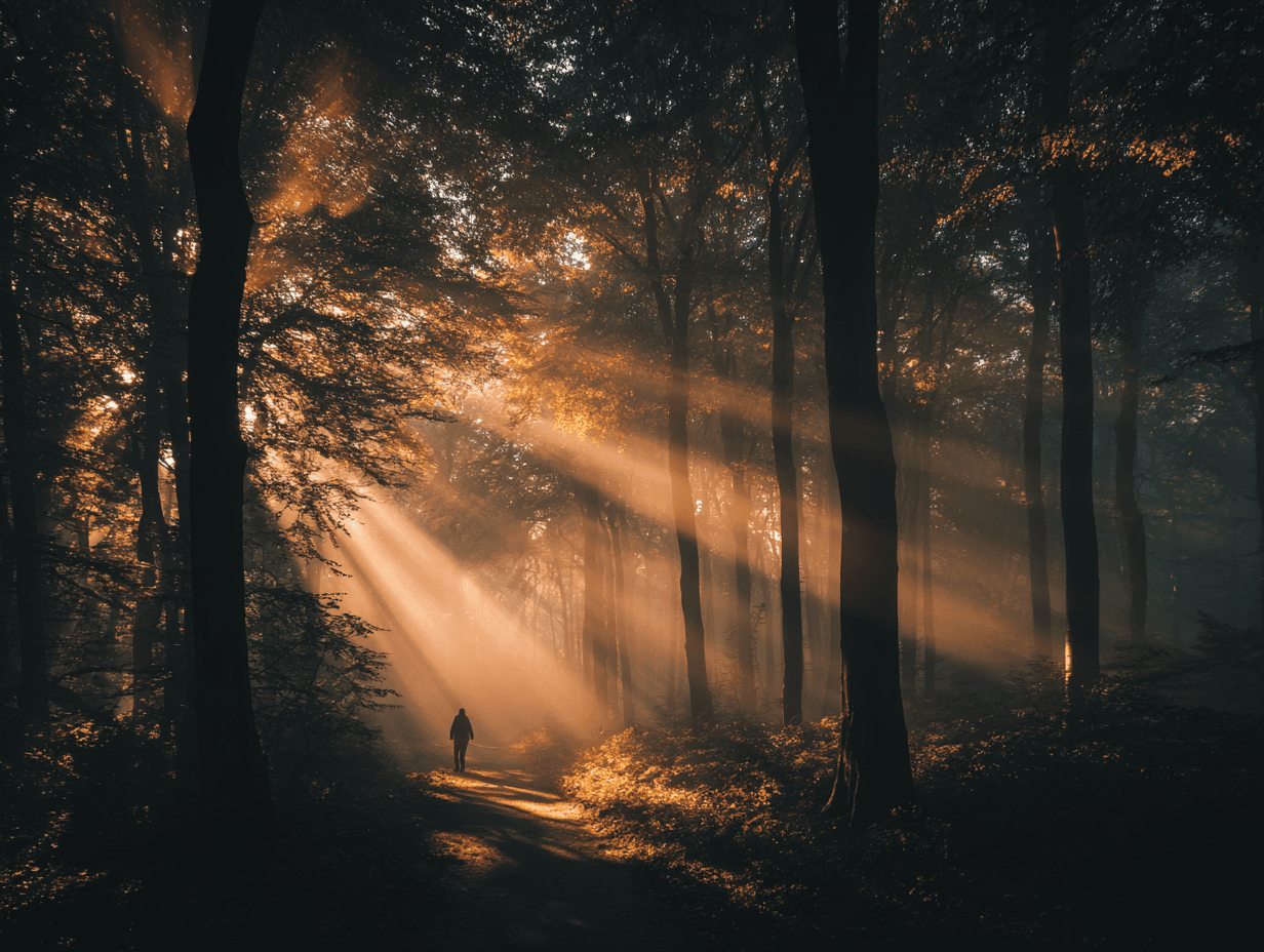 Atmospheric forest scene with golden sunlight filtering through trees representing nature exposure and wellbeing