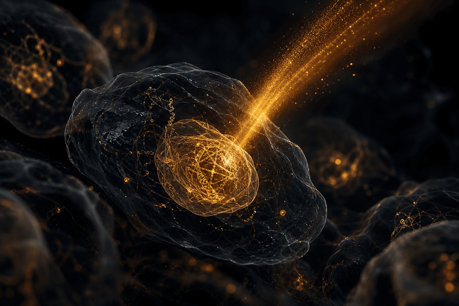 Abstract dark cellular visualization with golden epigenetic-like light suggesting controlled cellular recalibration