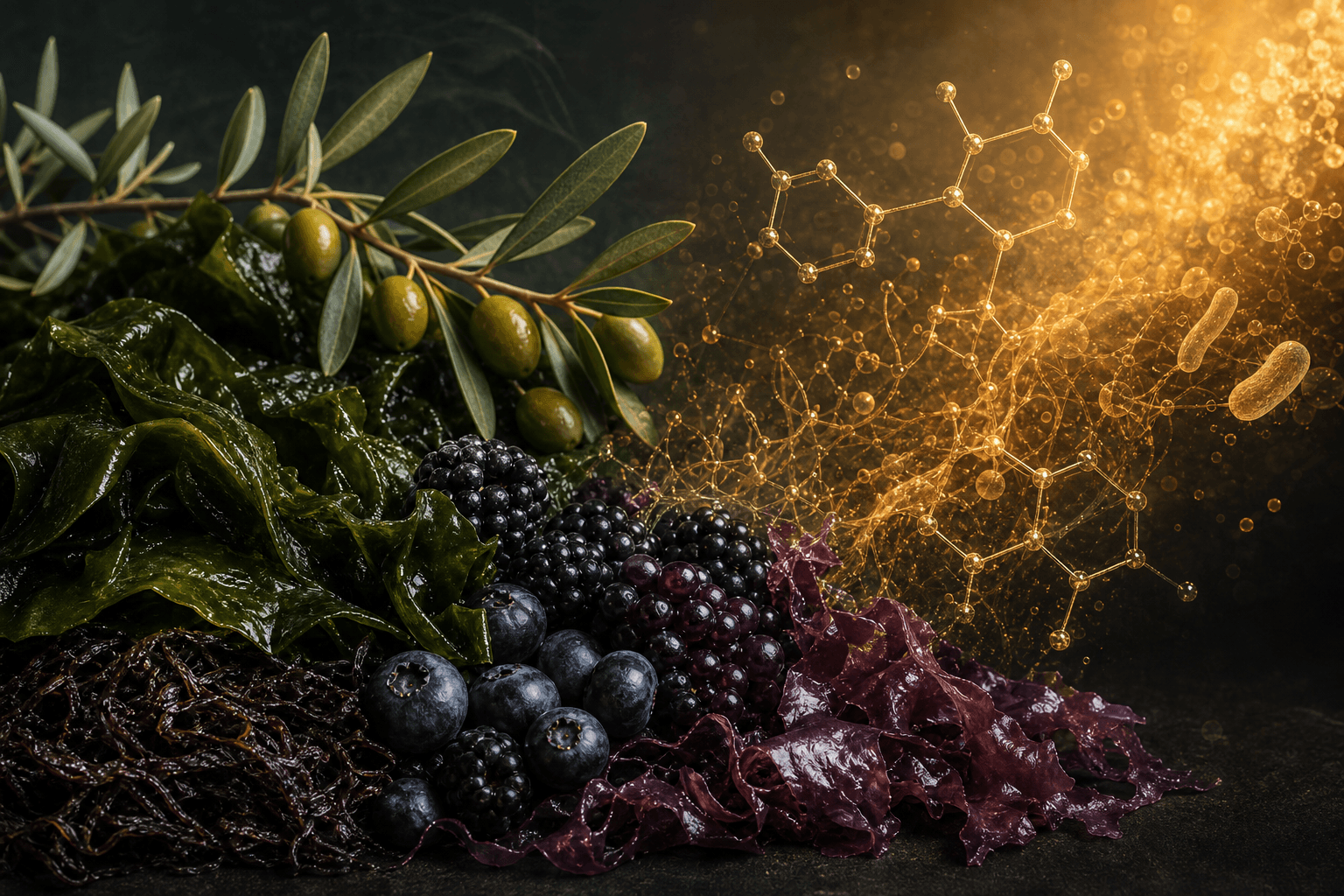 Premium still life of sea vegetables, berries, olive leaves, and golden molecular structures on a dark background
