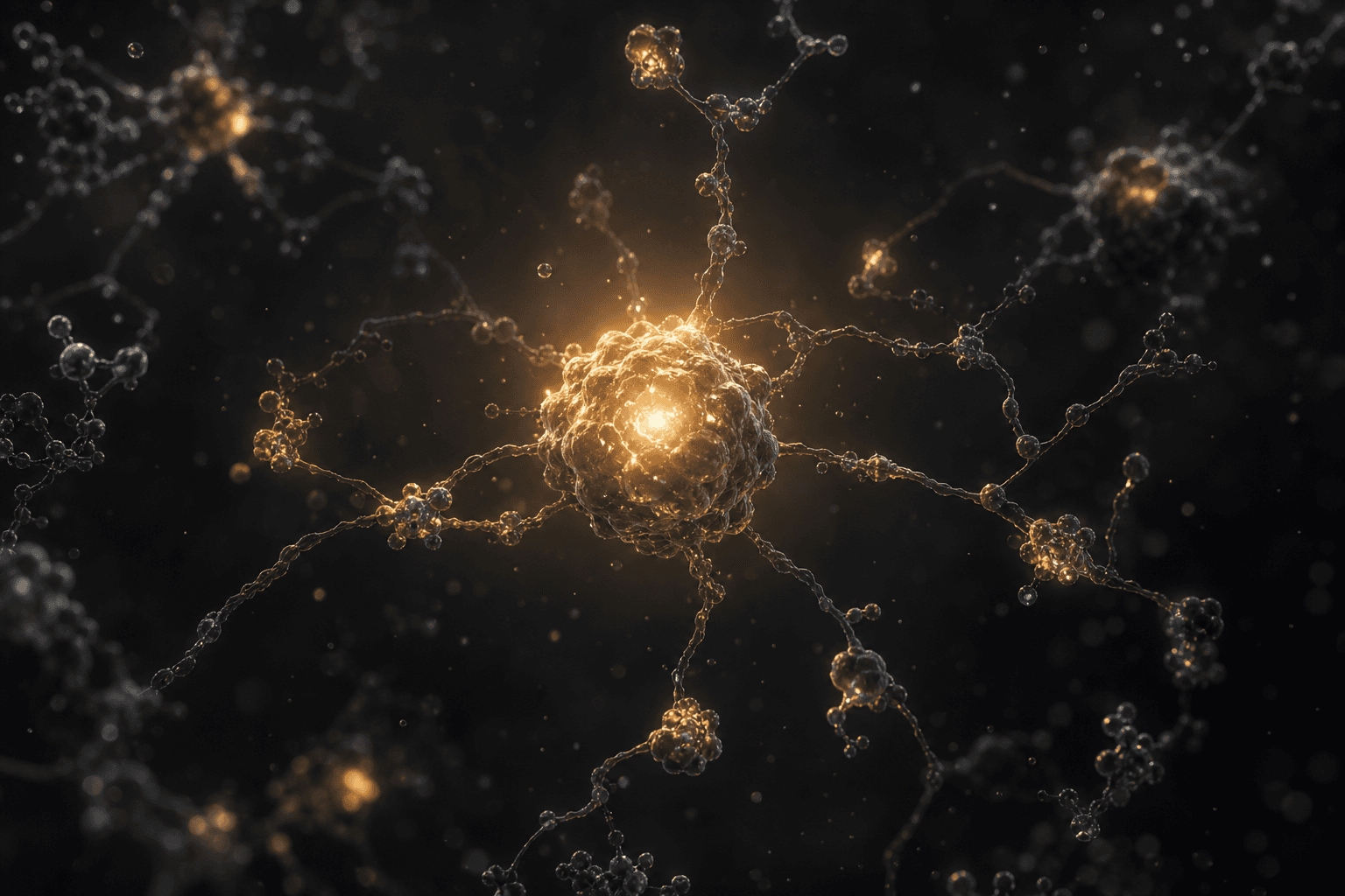 Abstract molecular nutrient-sensing network with a central warm amber node against a deep charcoal background