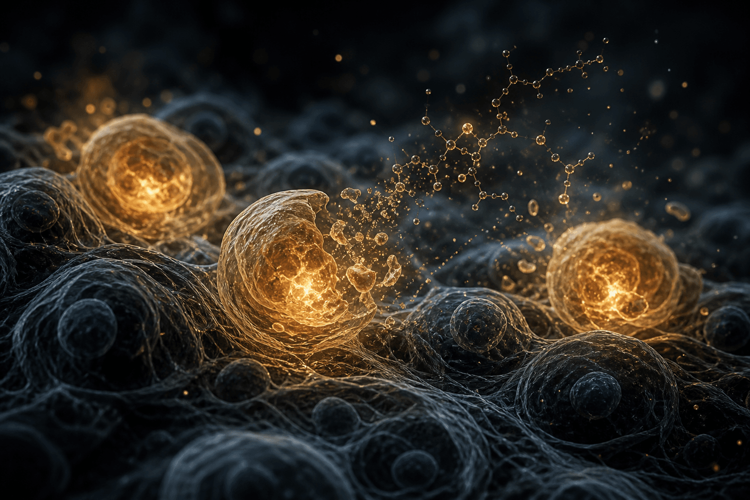 Abstract senescent cells glowing amber among dark healthy cells with molecular signals on a charcoal background