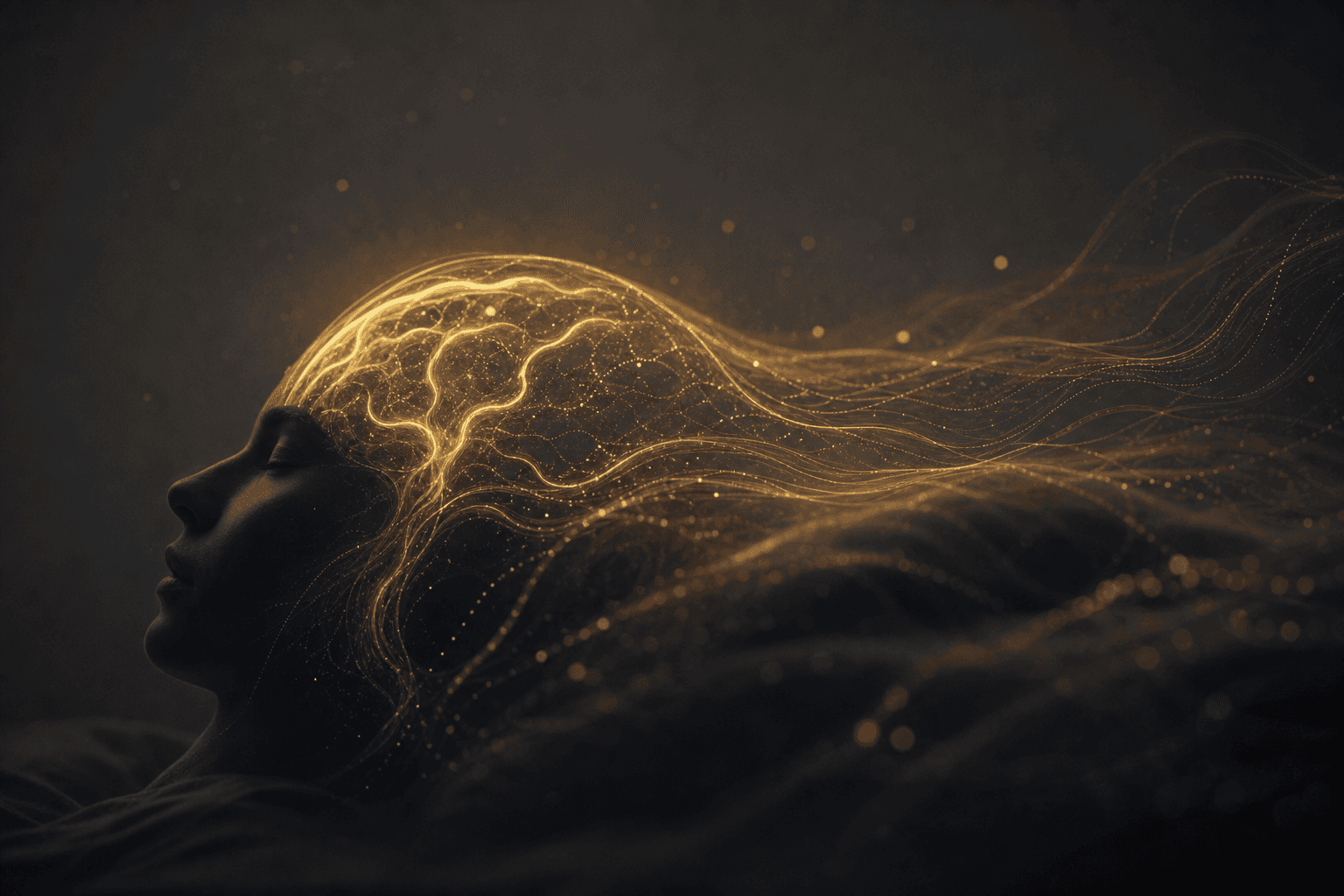A sleeping human silhouette with warm amber wave patterns suggesting nighttime brain repair