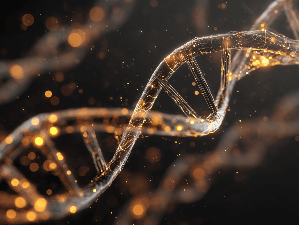 Abstract DNA double helix with glowing golden methylation markers representing epigenetic modifications and biological age