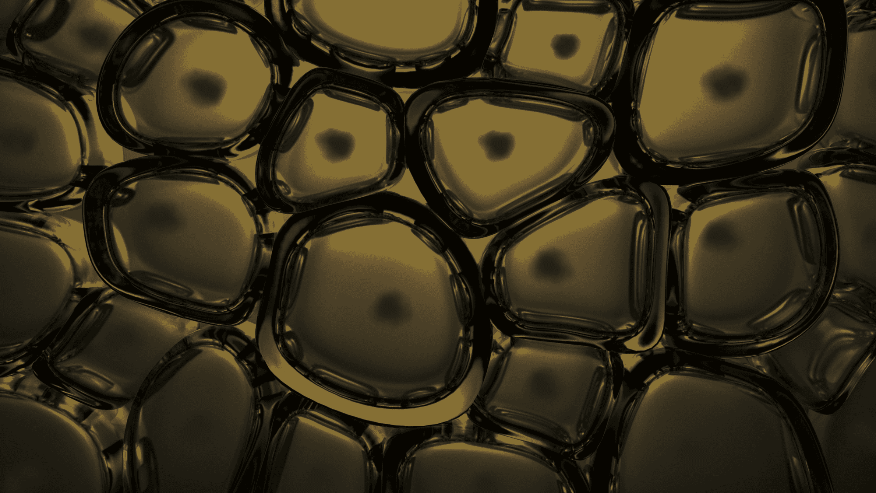 Golden cellular forms suggesting autophagy, cell cleanup, and cellular repair on a dark background