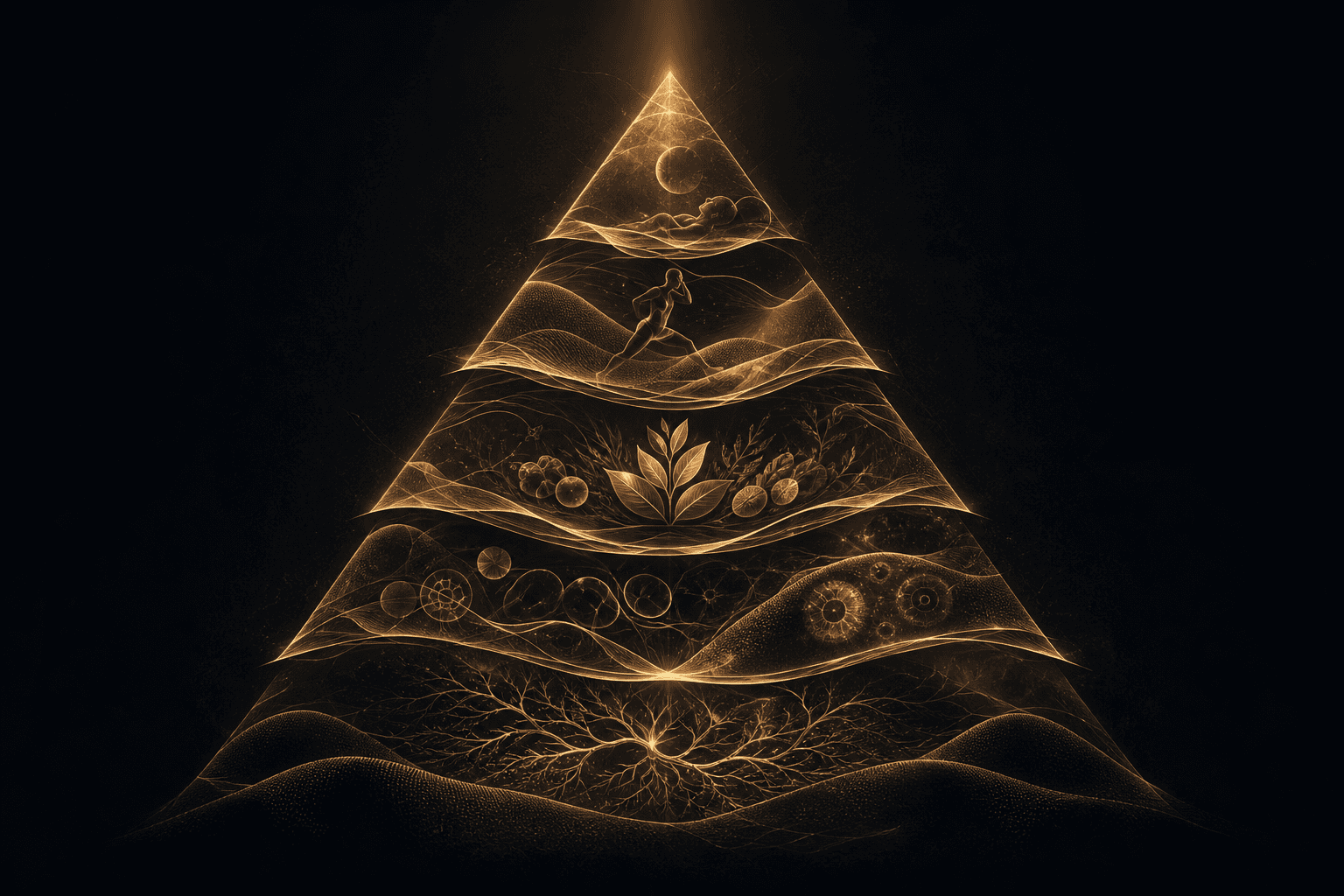 Abstract amber longevity pyramid and biological foundation map on a dark scientific background