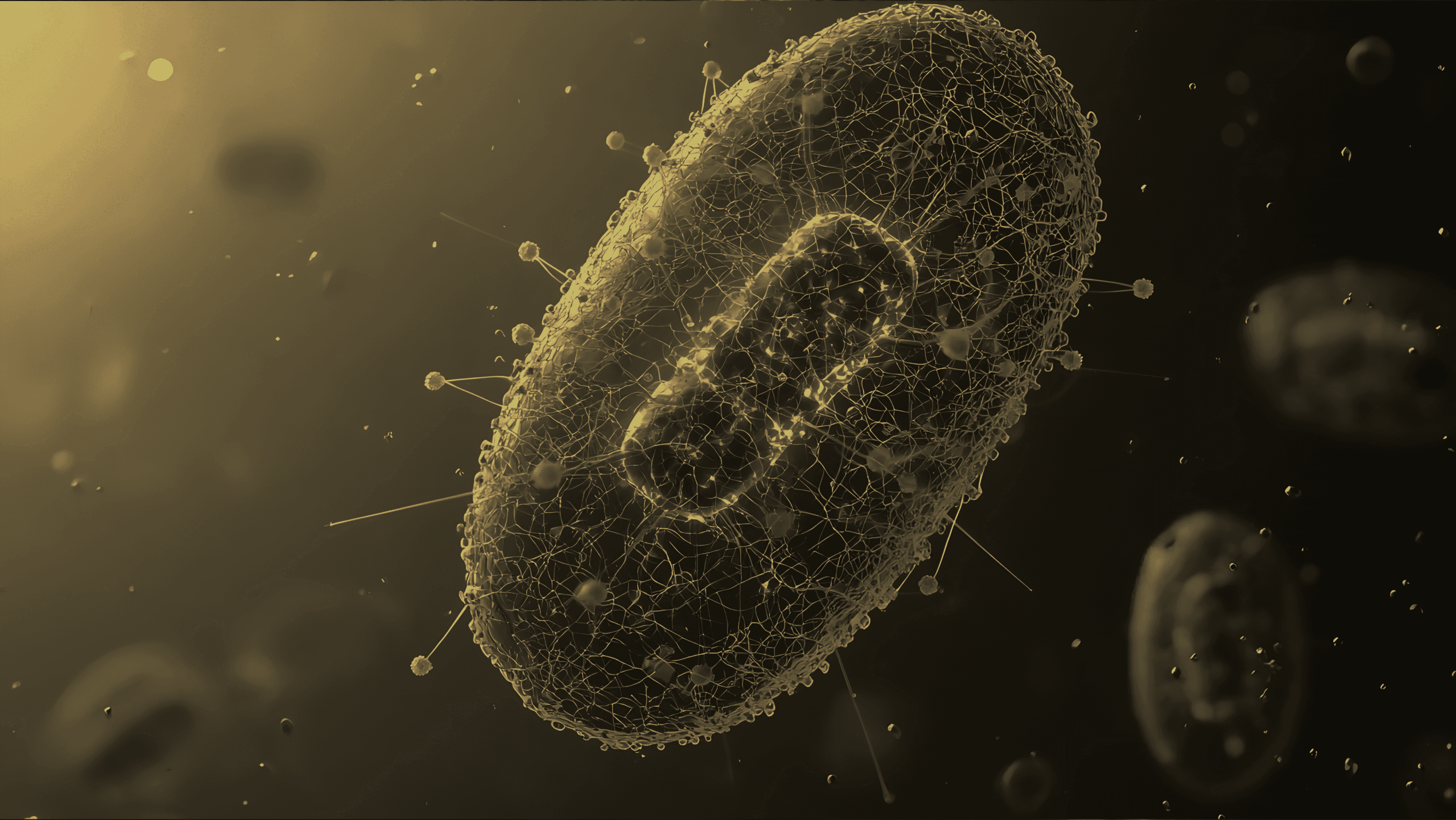 Warm amber abstract cellular structure on a dark background, evoking mitochondrial energy and cellular networks