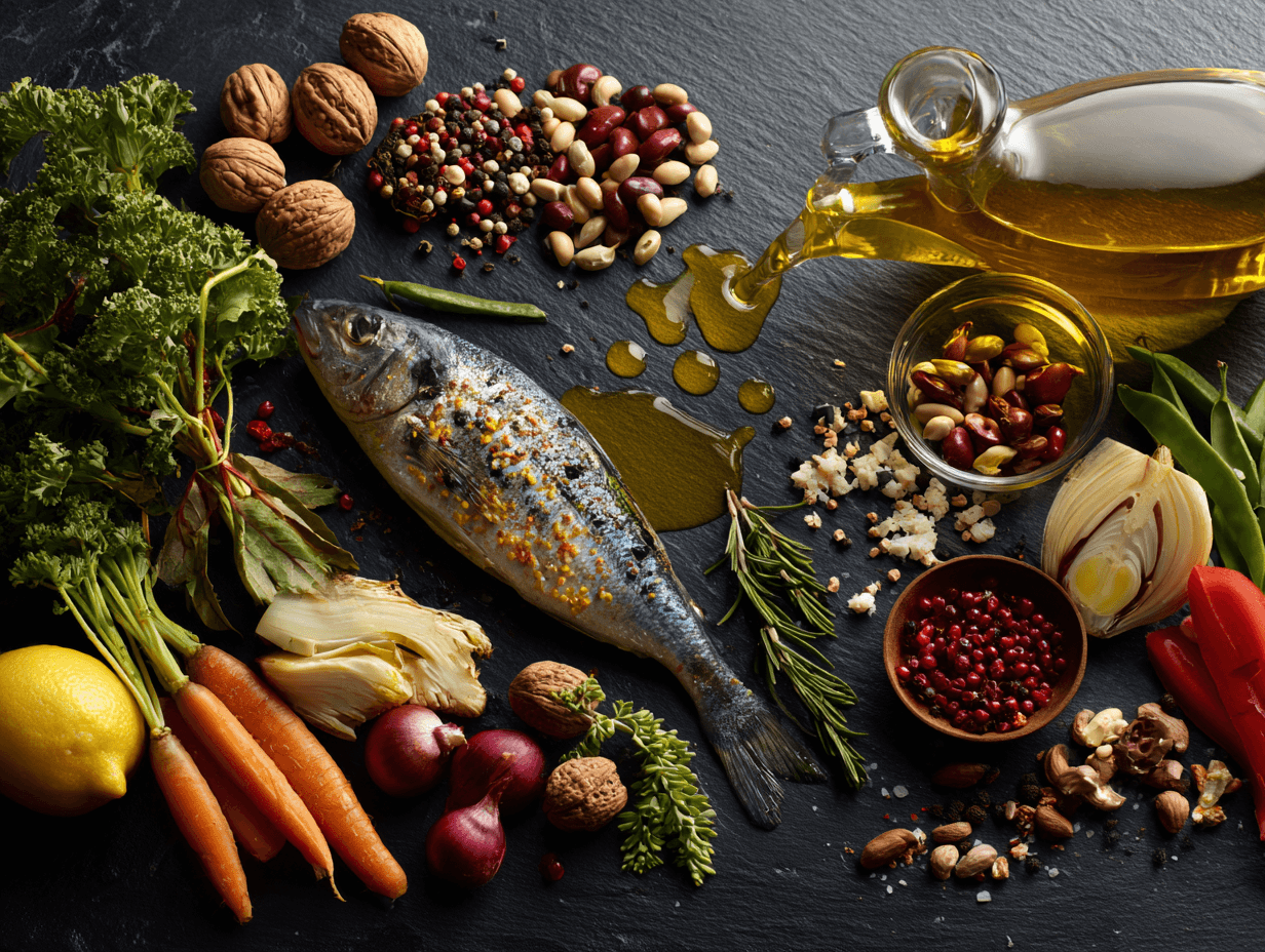 Mediterranean diet ingredients including olive oil, fish, vegetables and nuts on dark background