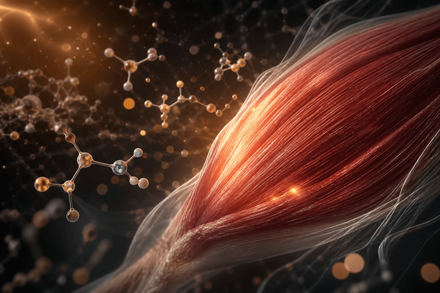 Abstract healthy muscle fibers and amber amino acid molecular signals on a dark scientific background