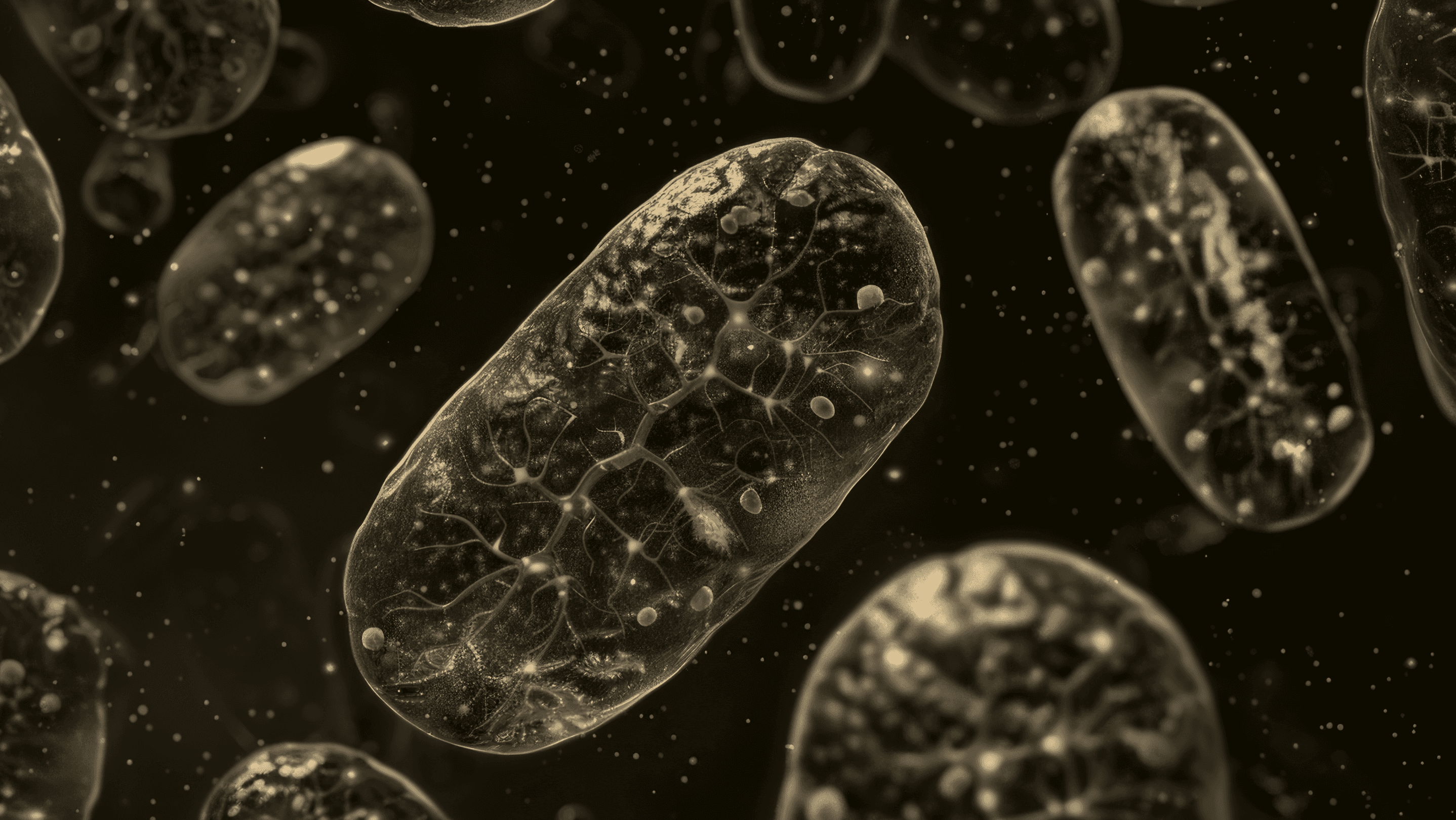 Golden microscopic cellular forms suggesting nutrient sensing, mTOR signaling, and cellular repair on a dark background