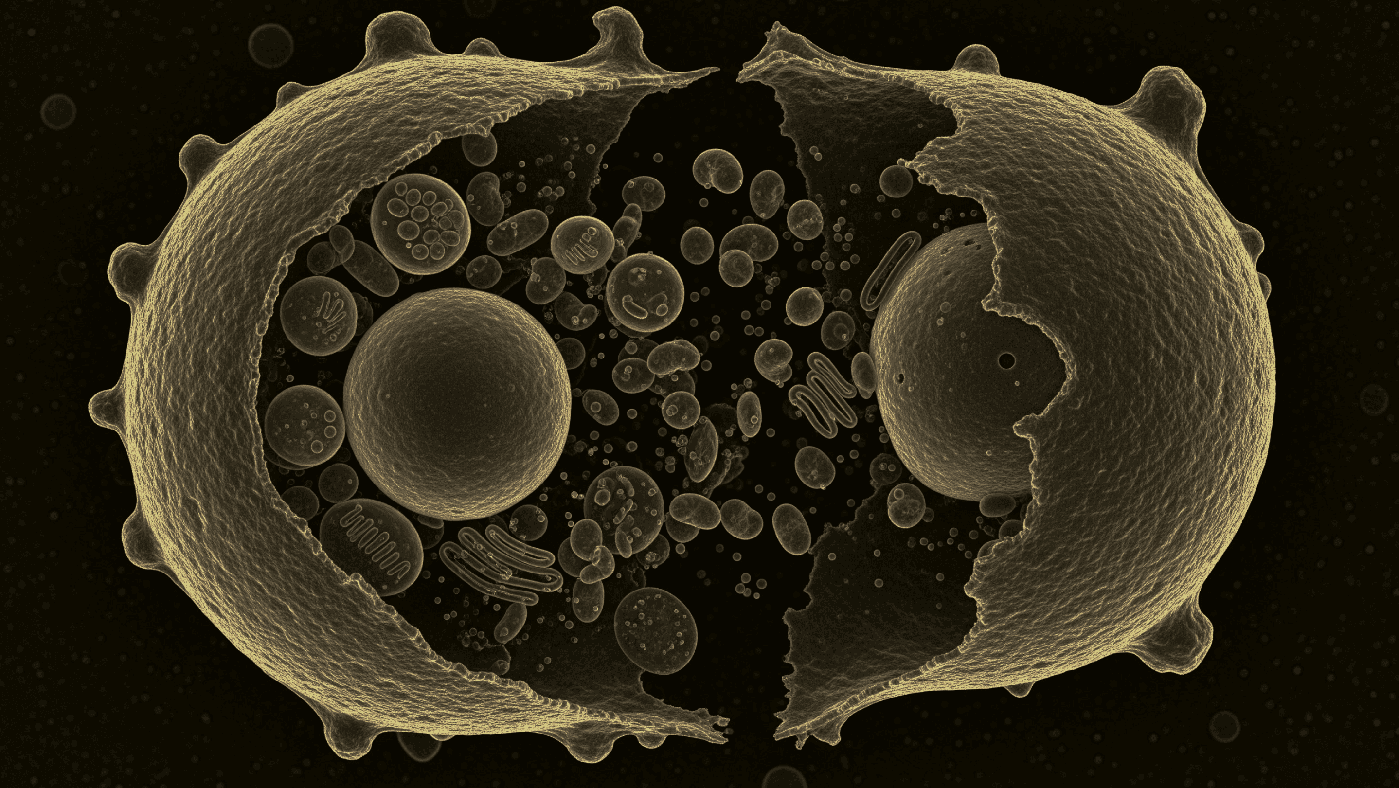 Golden microscopic cellular forms suggesting senescent cells and cellular repair signals on a dark background