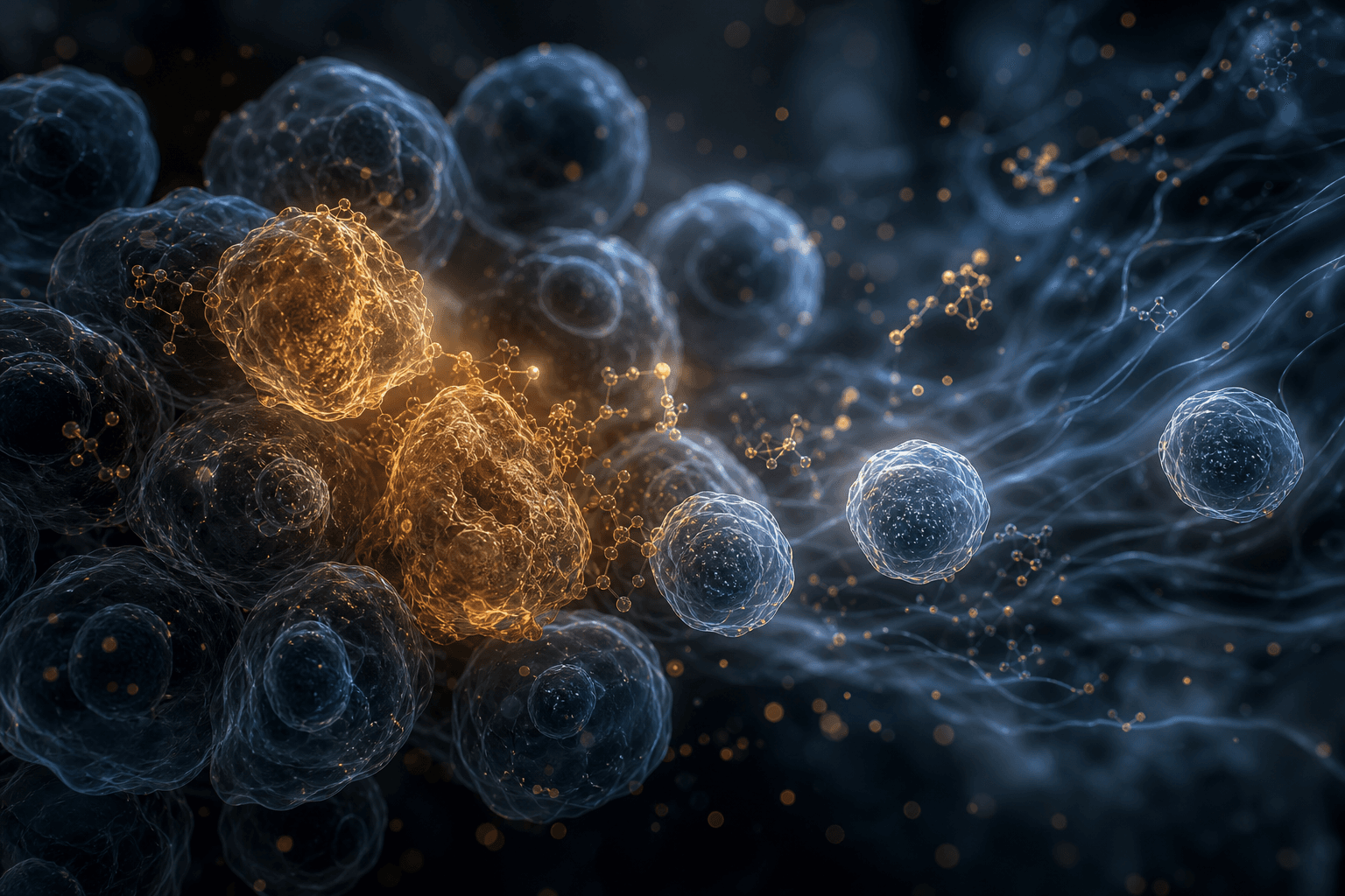 Abstract cellular illustration with amber senescent cells against a dark scientific background