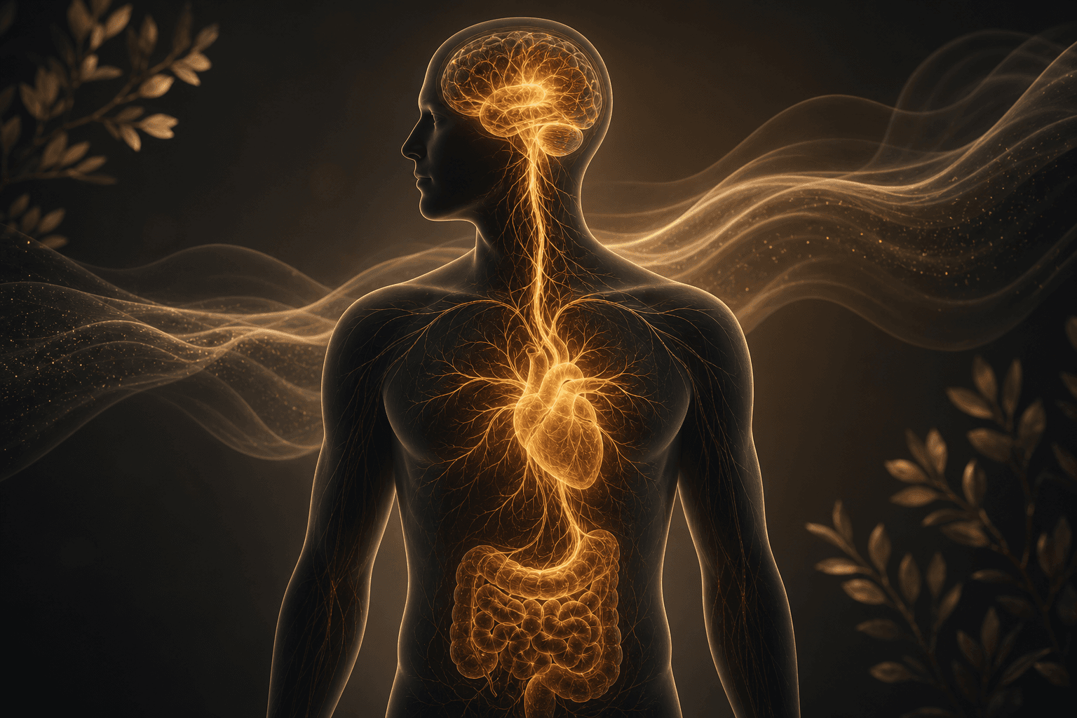 Abstract amber nervous system pathway connecting brain heart and breath on a dark scientific background